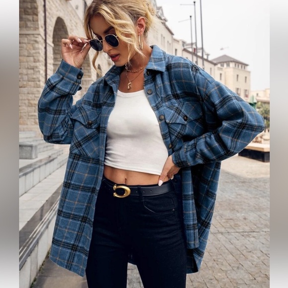 Boohoo Lapel Button Up Plaid Shirts Long Sleeve Pocketed Shacket Casual Top Sz S - Picture 8 of 14